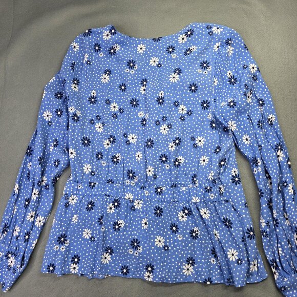 Talbots Shirt Womens Large Blue Daisy Floral Wrap Blouse Top Boho Preppy Casual - Picture 7 of 13